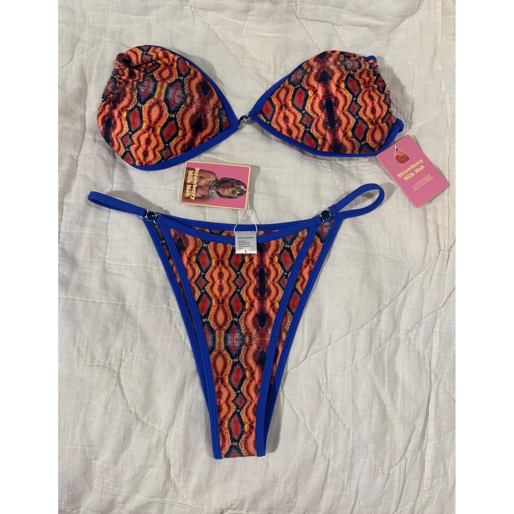 NWT Strawberry Milk Mob Caprese Bikini Set Snakeskin Print Blue Large